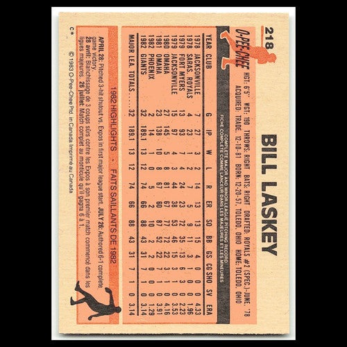 Bill Laskey #218 1983 O-Pee-Chee San Francisco Giants Baseball Card MLB NM
