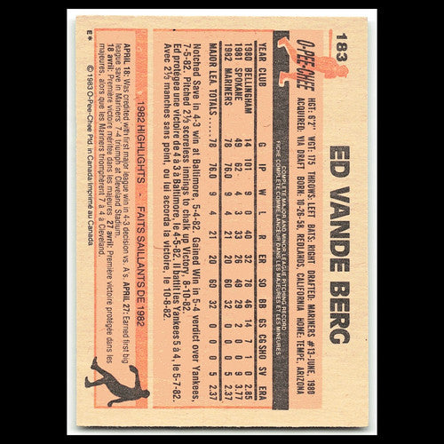 Ed Vande Berg Rookie #183 1983 O-Pee-Chee Seattle Mariners Baseball Card MLB NM