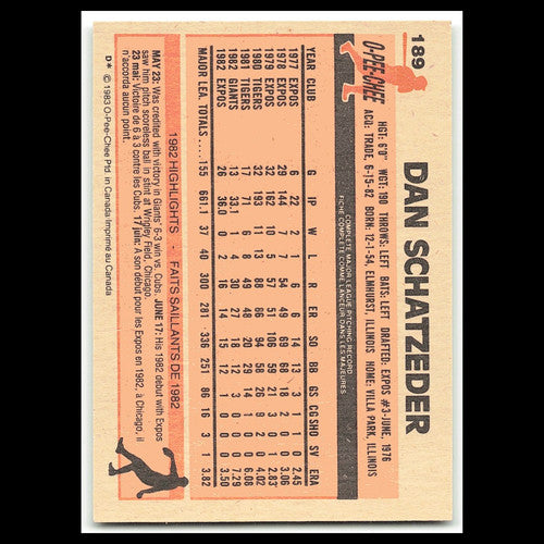 Dan Schatzeder #189 1983 O-Pee-Chee Montreal Expos Baseball Card MLB NM