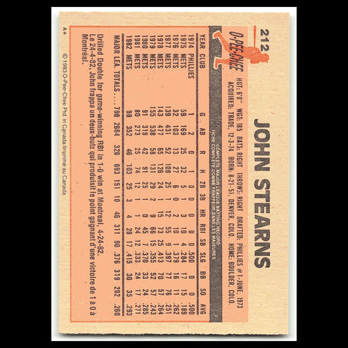 John Stearns #212 1983 O-Pee-Chee New York Mets Baseball Card MLB NM