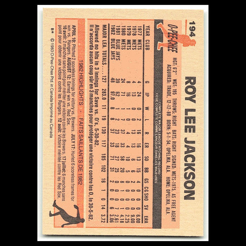Roy Lee Jackson #194 1983 O-Pee-Chee Toronto Blue Jays Baseball Card MLB NM