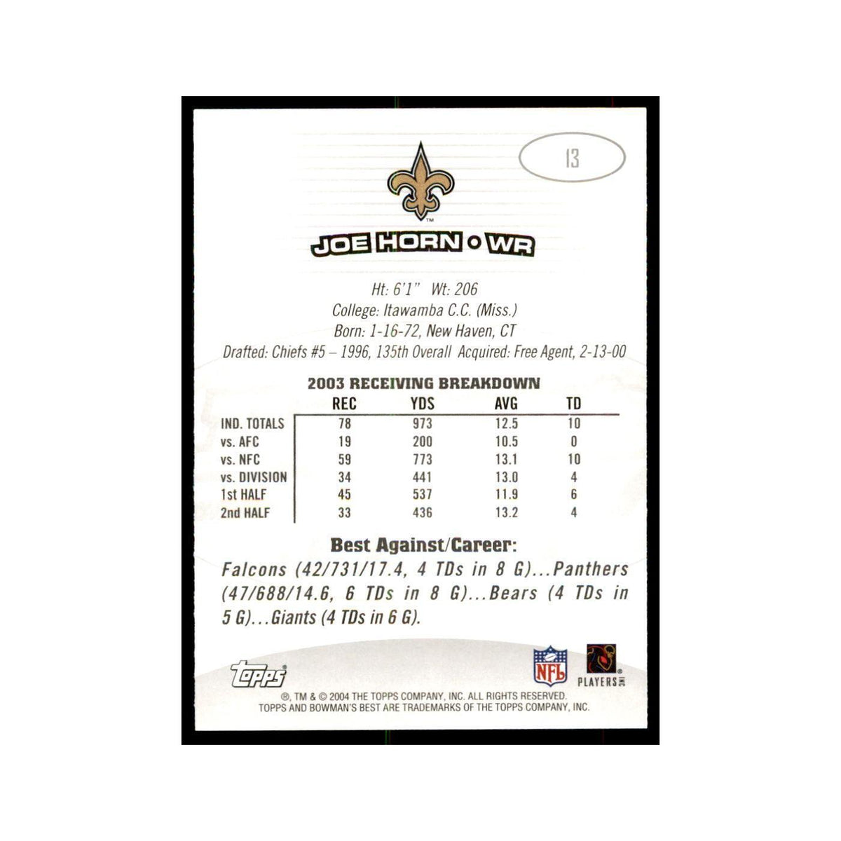 2004 Bowman's Best Joe Horn Football Cards #13