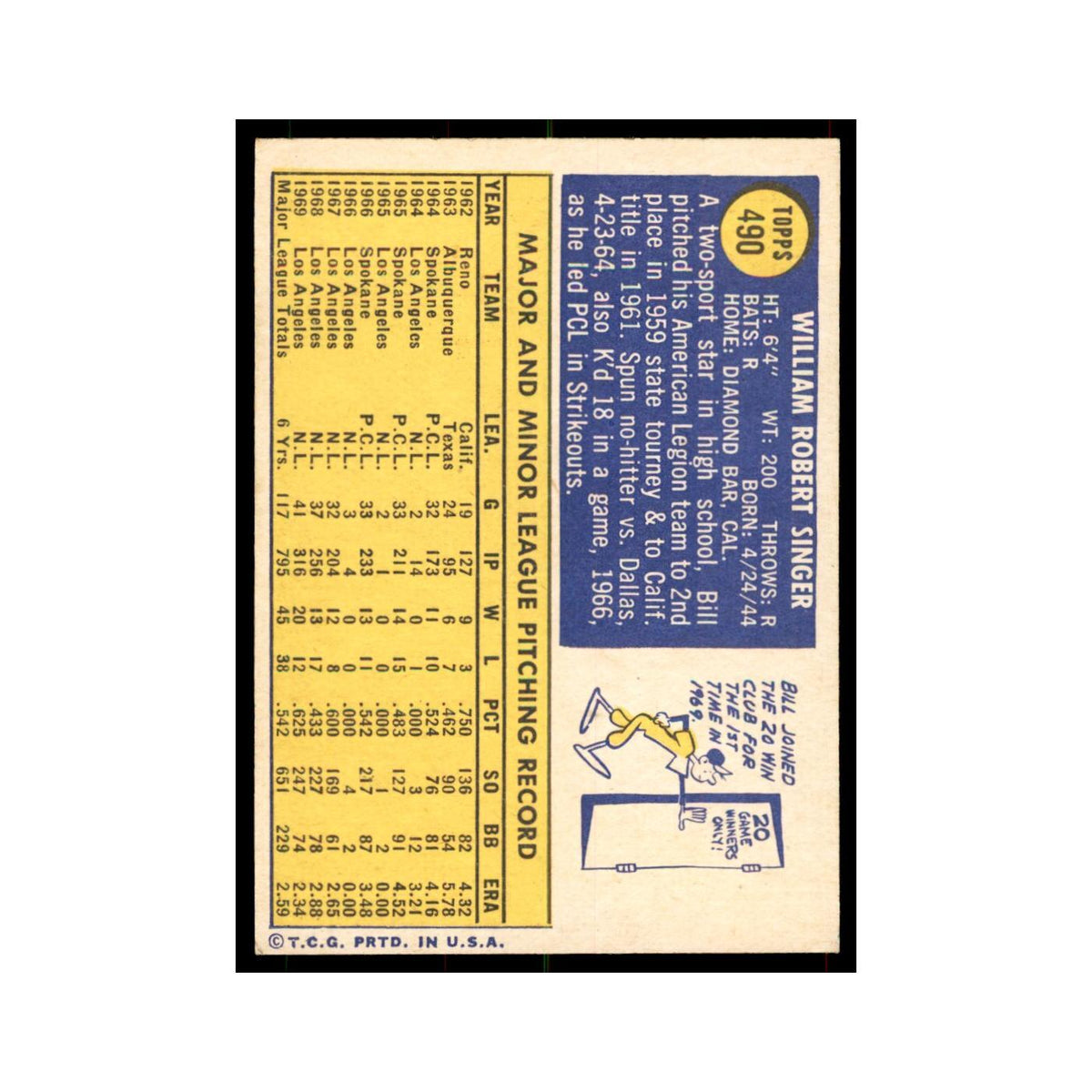 1970 Topps Bill Singer Baseball Cards #490