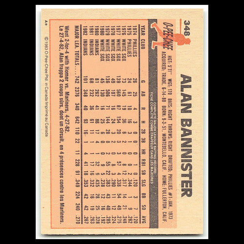 Alan Bannister #348 1983 O-Pee-Chee Cleveland Indians Baseball Card MLB NM