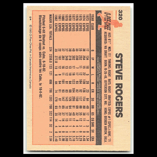 Steve Rogers #320 1983 O-Pee-Chee Montreal Expos Baseball Card MLB NM