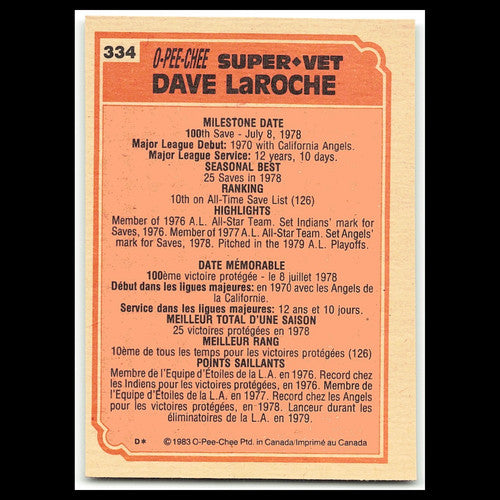 Dave LaRoche #334 1983 O-Pee-Chee California Angels/New York Yankees Baseball NM
