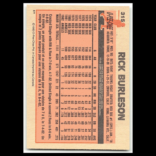 Rick Burleson #315 1983 O-Pee-Chee California Angels Baseball Card MLB NM