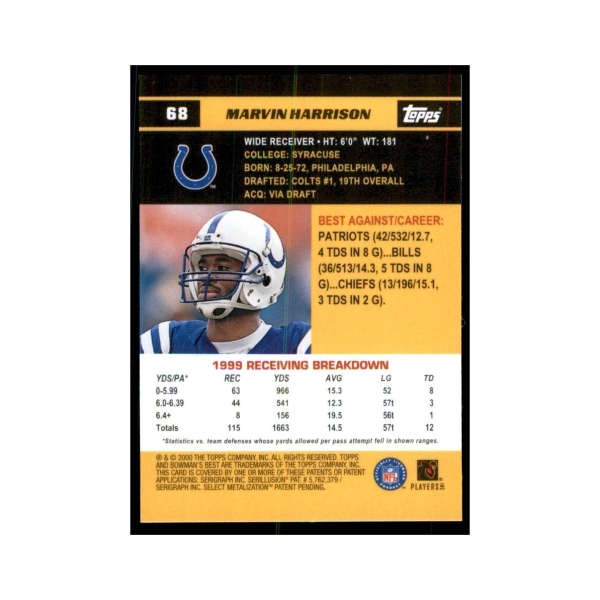2000 Bowman's Best Marvin Harrison Football Cards #68