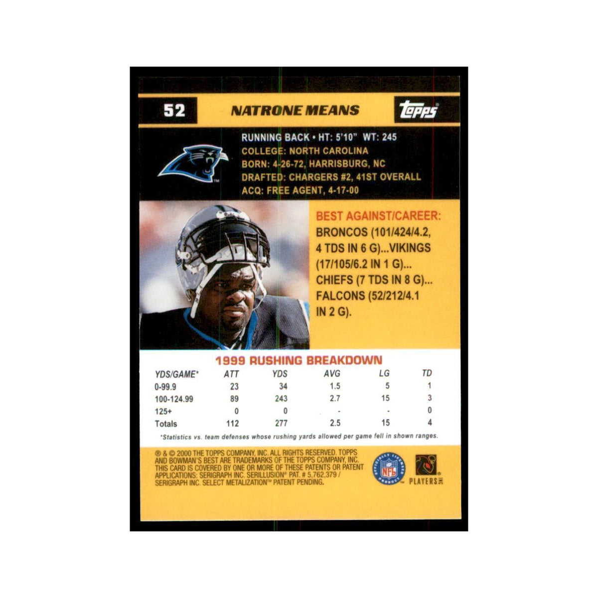 2000 Bowman's Best Natrone Means Football Cards #52