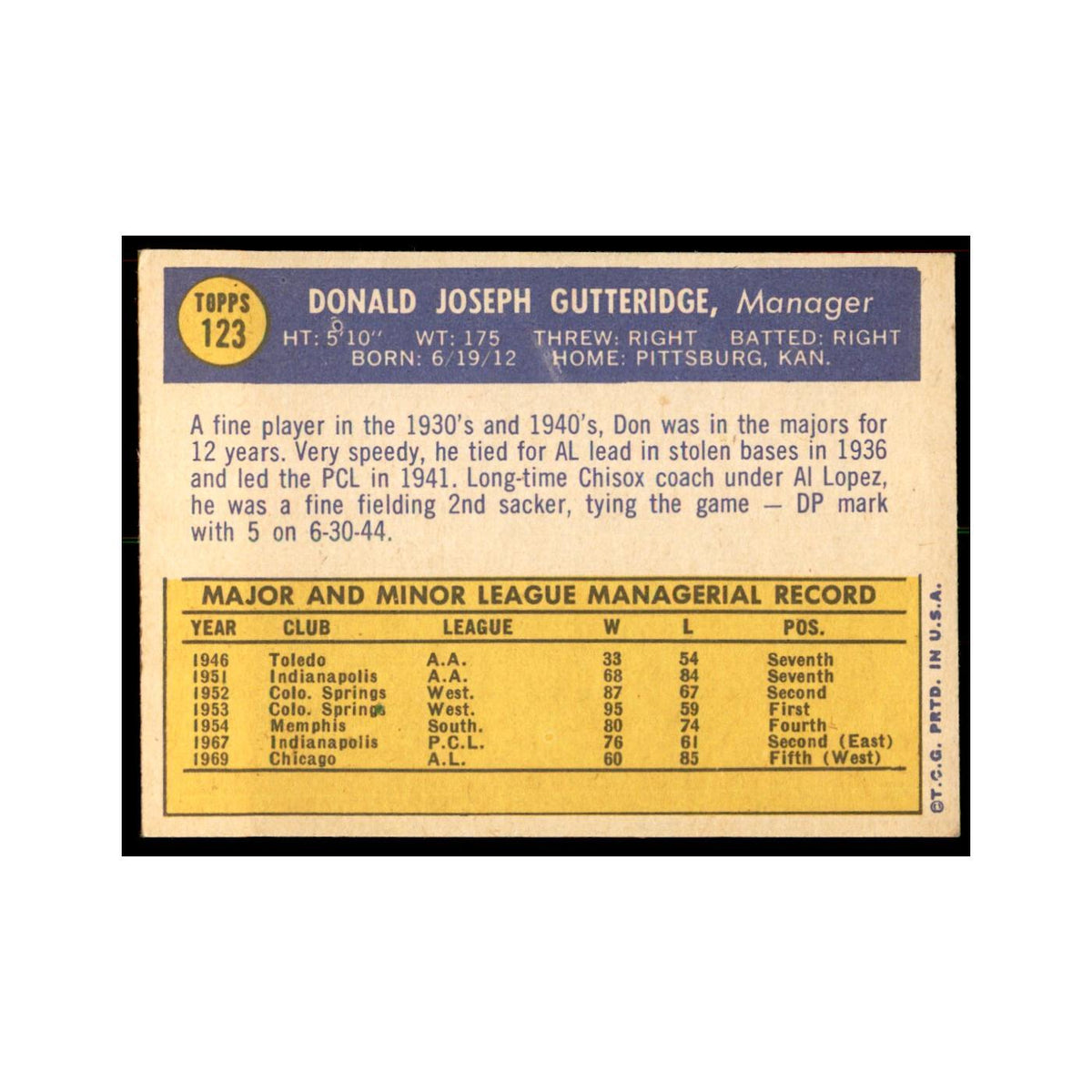 1970 Topps Don Gutteridge Baseball Cards #123