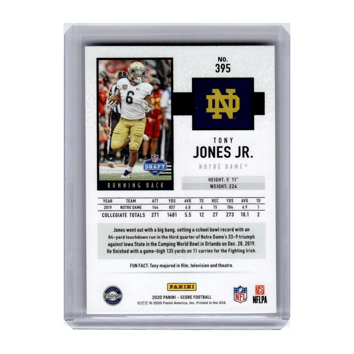 2020 Score Tony Jones Jr RC Notre Dame Fighting Irish #395