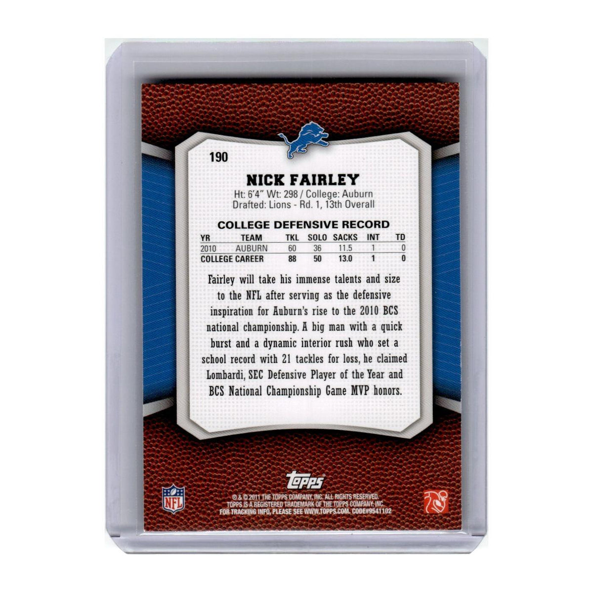 2011 Topps Rising Rookies Gold Nick Fairley Lions #190
