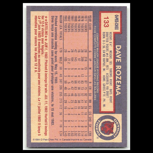 Dave Rozema #133 1984 O-Pee-Chee Detroit Tigers Baseball Card MLB NM