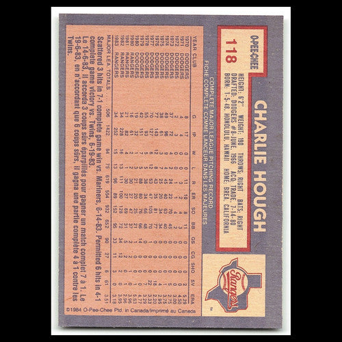 Charlie Hough #118 1984 O-Pee-Chee Texas Rangers Baseball Card MLB NM