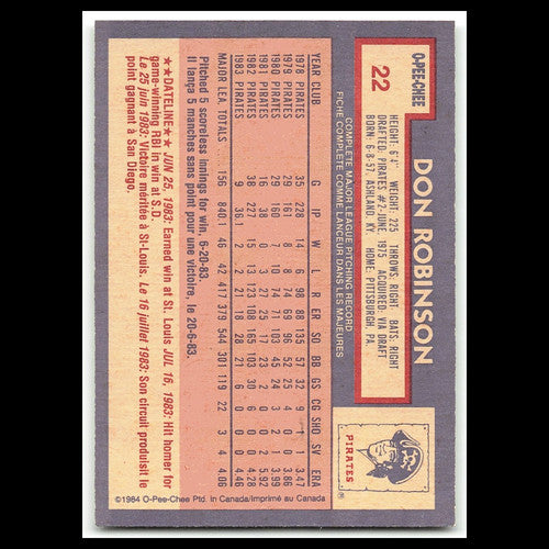 Don Robinson #22 1984 O-Pee-Chee Pittsburgh Pirates Baseball Card MLB NM