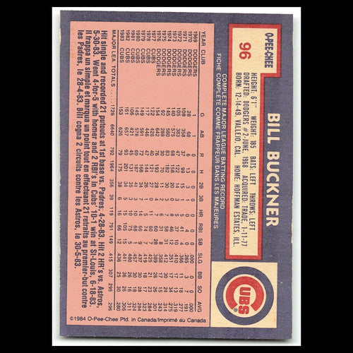 Bill Buckner #96 1984 O-Pee-Chee Chicago Cubs Baseball Card MLB NM