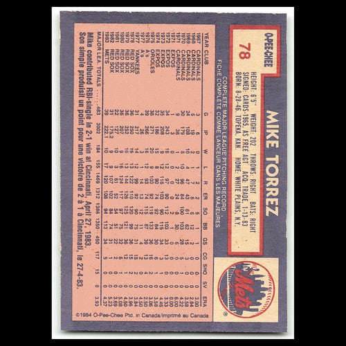 Mike Torrez #78 1984 O-Pee-Chee New York Mets Baseball Card MLB NM
