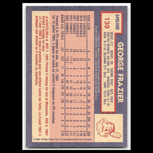 George Frazier #139 1984 O-Pee-Chee Cleveland Indians Baseball Card MLB NM