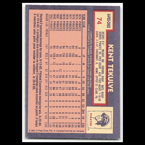 Kent Tekulve #74 1984 O-Pee-Chee Pittsburgh Pirates Baseball Card MLB NM