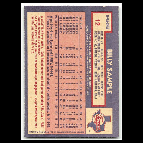 Billy Sample #12 1984 O-Pee-Chee Texas Rangers Baseball Card MLB NM