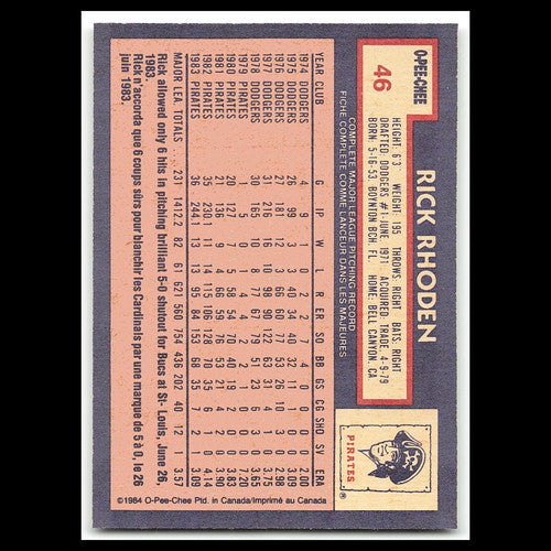 Rick Rhoden #46 1984 O-Pee-Chee Pittsburgh Pirates Baseball Card MLB NM