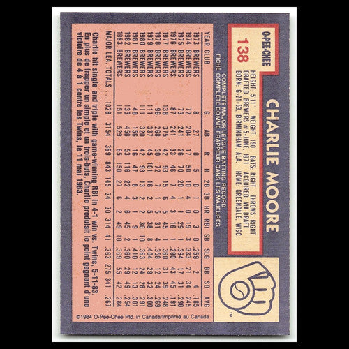 Charlie Moore #138 1984 O-Pee-Chee Milwaukee Brewers Baseball Card MLB NM
