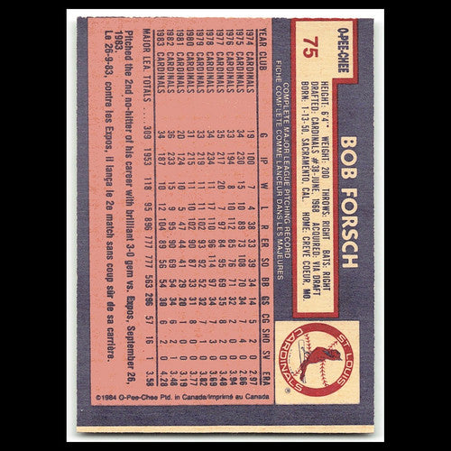 Bob Forsch #75 1984 O-Pee-Chee St. Louis Cardinals Baseball Card MLB NM