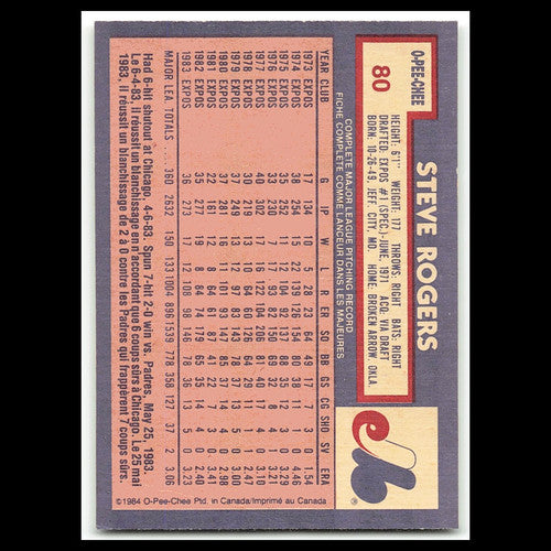 Steve Rogers #8 1984 O-Pee-Chee Montreal Expos Baseball Card MLB NM