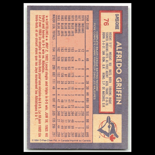 Alfredo Griffin #76 1984 O-Pee-Chee Toronto Blue Jays Baseball Card MLB NM