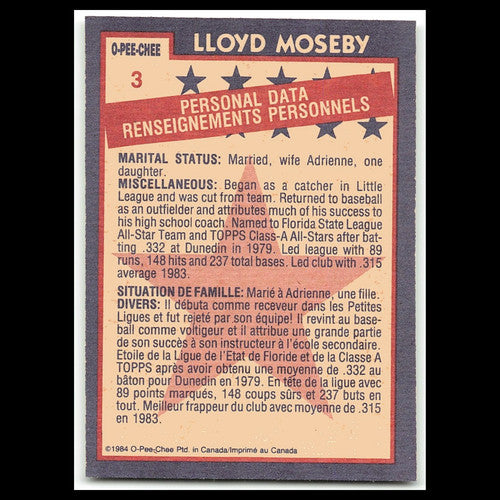 Lloyd Moseby #3 1984 O-Pee-Chee Toronto Blue Jays Baseball Card MLB NM