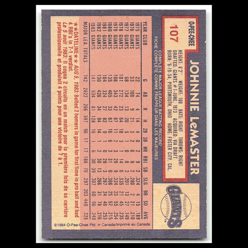 Johnnie LeMaster #107 1984 O-Pee-Chee San Francisco Giants Baseball Card MLB NM