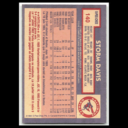 Storm Davis #140 1984 O-Pee-Chee Baltimore Orioles Baseball Card MLB NM