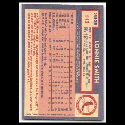 Lonnie Smith #113 1984 O-Pee-Chee St. Louis Cardinals Baseball Card MLB NM
