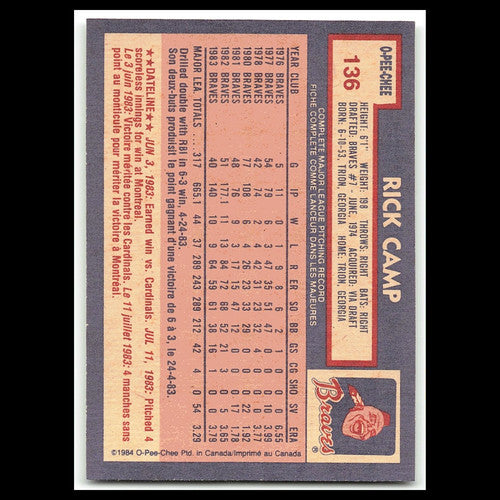 Rick Camp #136 1984 O-Pee-Chee Atlanta Braves Baseball Card MLB NM