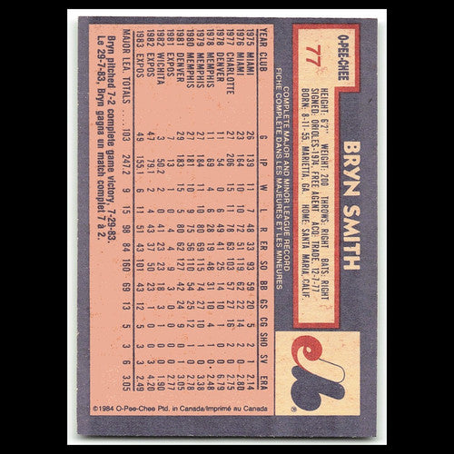Bryn Smith #77 1984 O-Pee-Chee Montreal Expos Baseball Card MLB NM