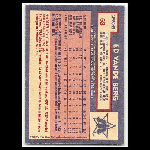 Ed Vande Berg #63 1984 O-Pee-Chee Seattle Mariners Baseball Card MLB NM