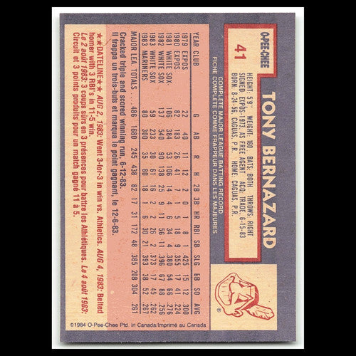 Tony Bernazard #41 1984 O-Pee-Chee Cleveland Indians Baseball Card MLB NM
