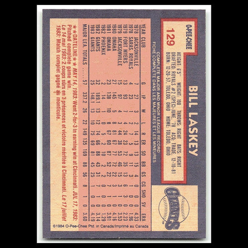 Bill Laskey #129 1984 O-Pee-Chee San Francisco Giants Baseball Card MLB NM