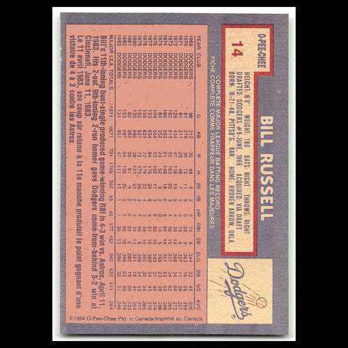 Bill Russell #14 1984 O-Pee-Chee Los Angeles Dodgers Baseball Card MLB NM