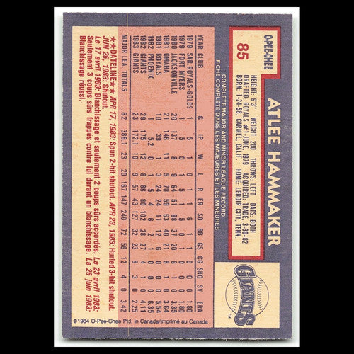 Atlee Hammaker #85 1984 O-Pee-Chee San Francisco Giants Baseball Card MLB NM