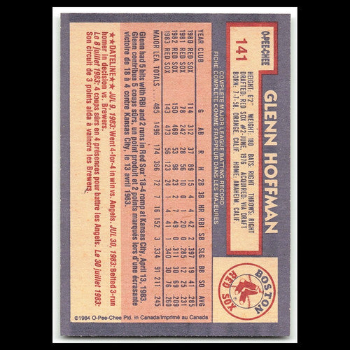 Glenn Hoffman #141 1984 O-Pee-Chee Boston Red Sox Baseball Card MLB NM