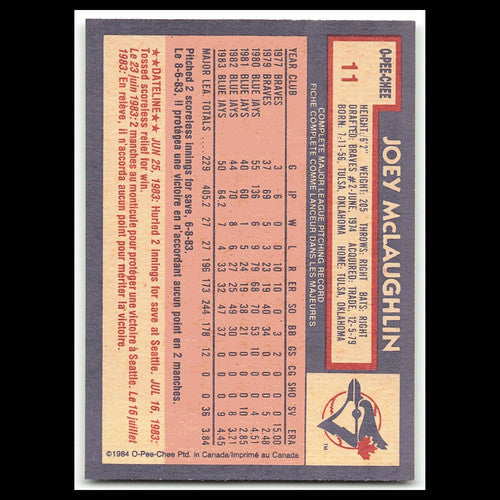Joey McLaughlin #11 1984 O-Pee-Chee Toronto Blue Jays Baseball Card MLB NM