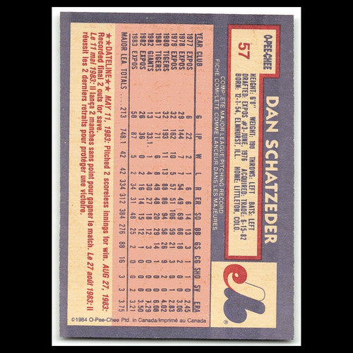 Dan Schatzeder #57 1984 O-Pee-Chee Montreal Expos Baseball Card MLB NM