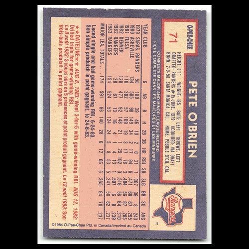 Pete OBrien #71 1984 O-Pee-Chee Texas Rangers Baseball Card MLB NM