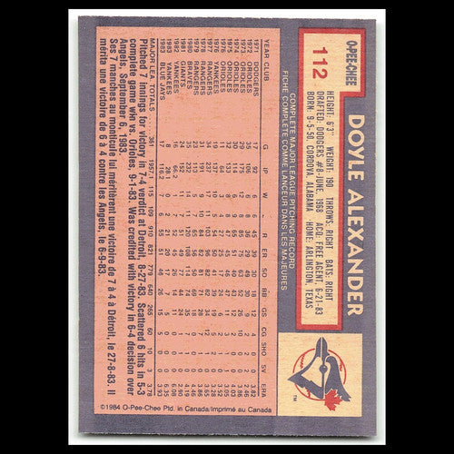 Doyle Alexander #112 1984 O-Pee-Chee Toronto Blue Jays Baseball Card MLB NM