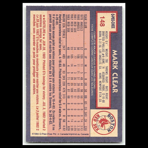 Mark Clear #148 1984 O-Pee-Chee Boston Red Sox Baseball Card MLB NM