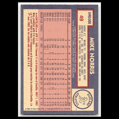 Mike Norris #49 1984 O-Pee-Chee Oakland Athletics Baseball Card MLB NM