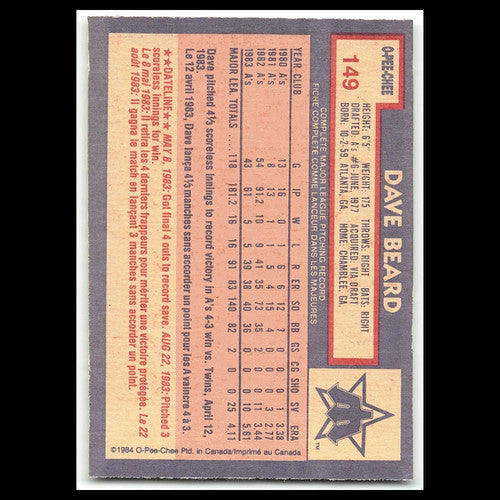 Dave Beard #149 1984 O-Pee-Chee Seattle Mariners Baseball Card MLB NM