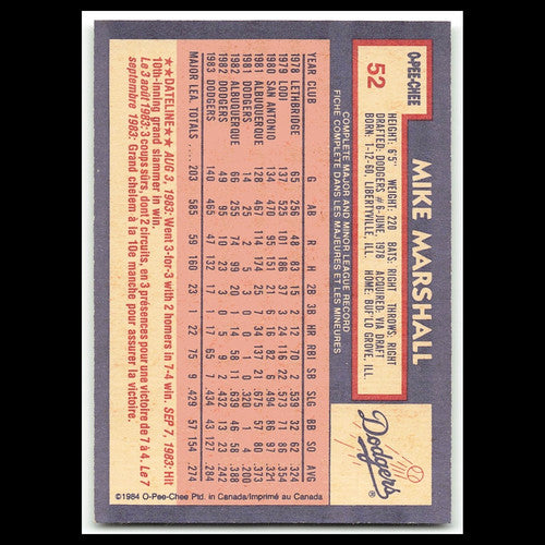Mike Marshall #52 1984 O-Pee-Chee Los Angeles Dodgers Baseball Card MLB NM