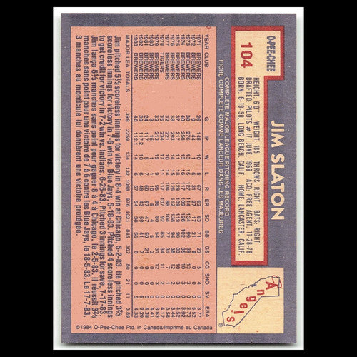 Jim Slaton #104 1984 O-Pee-Chee California Angels Baseball Card MLB NM